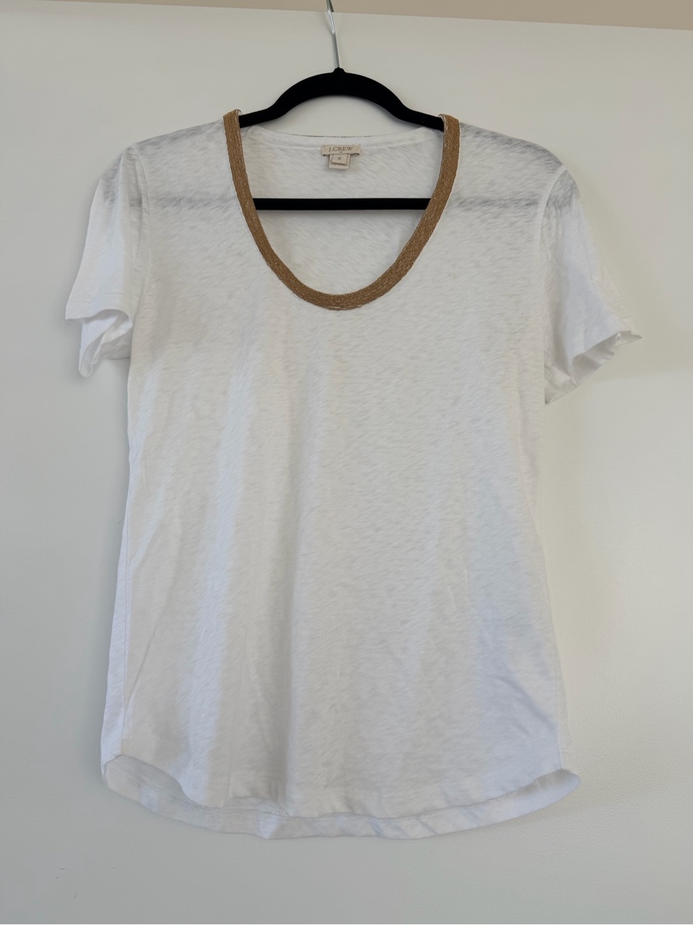 J. Crew White Short Sleeve Tee with Gold Beaded Neck